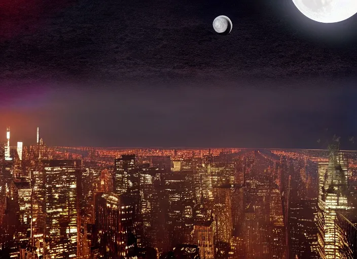 Image similar to film still of the moon shattering into pieces over manhatten in the new disaster movie, 8 k, night time