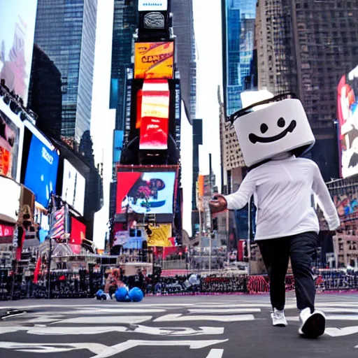 Prompt: dj marshmello working out in times square, realistic, highly detailed