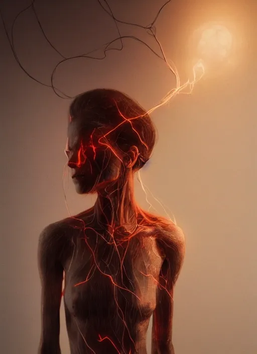 Image similar to rgb wires, portrait, woman, fire, rage, cinematic, movie scene, inspired by zdzislaw beksinski, clothes made out of veins,, cables everywhere, bedroom, ultra realistic, concept art, intricate details, highly detailed, photorealistic, octane render, 8 k