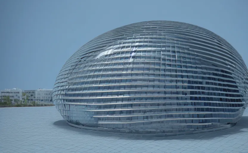 Prompt: completely circular building made of glass, detailed, real, three point lighting, octane render