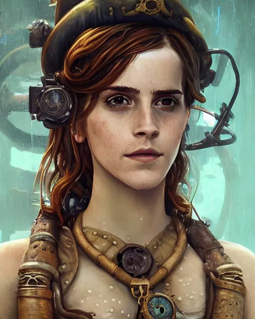 Prompt: underwater steampunk pirate portrait of emma watson, au naturel, hyper detailed, digital art, trending in artstation, cinematic lighting, studio quality, smooth render, unreal engine 5 rendered, octane rendered, art style by klimt and nixeu and ian sprigger and wlop and krenz cushart.