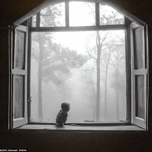 Prompt: moonlight shines through dead tree limbs, illuminating a small child peering into the window of a cabin on a dark foggy night