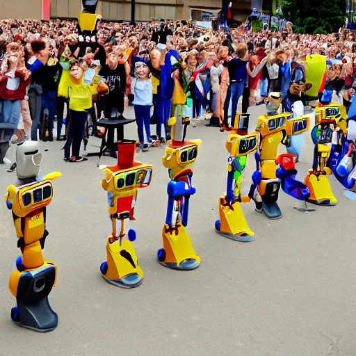 Image similar to robot parade, robots obey what the children say, wave the flag that the robot made