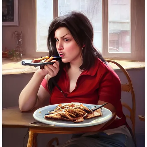 Prompt: portrait of a brunette chubby slim woman with blu eyes eating kebab, light stubble with red shirt inside victorian mansion ,digital art,photorealistoc,art by greg rutkowski,hyperdetailed,western comic style,comic,comic style,sharp lineart,professional lighting,deviantart,artstation,trevor henderson,rossdtaws,cinematic,dramatic