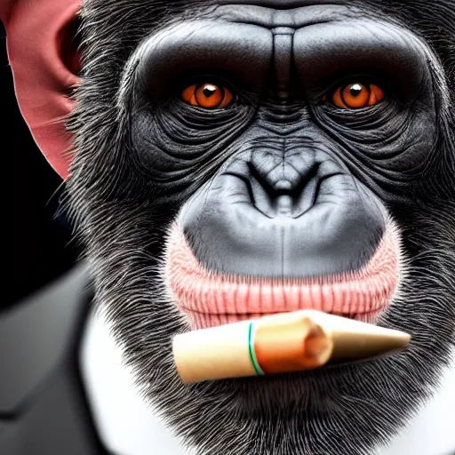 Image similar to a high detail shot of a chimp wearing a suit, smoking, render, cgsociety, photorealism