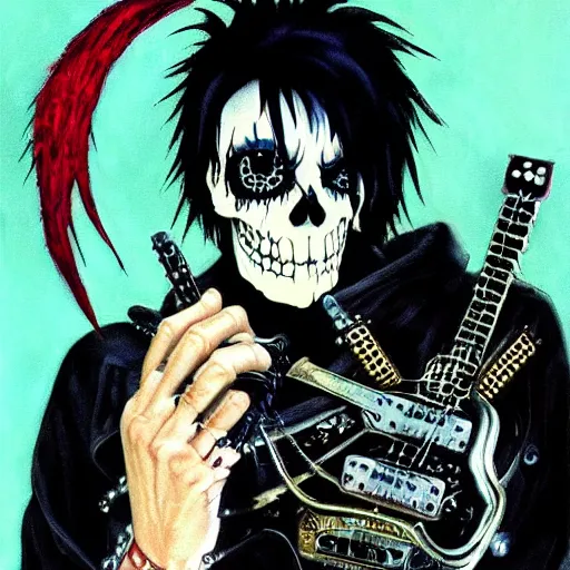 Image similar to a portrait of the grim reaper as a punk rocker playing an electric guitar, punk, skeleton face, mohawk, dark, fantasy, leather jackets, spiked collars, spiked wristbands, piercings, boots, electric guitars, motorcycles, ultrafine detailed painting by frank frazetta and vito acconci and michael whelan and takeshi obata, death note style, detailed painting