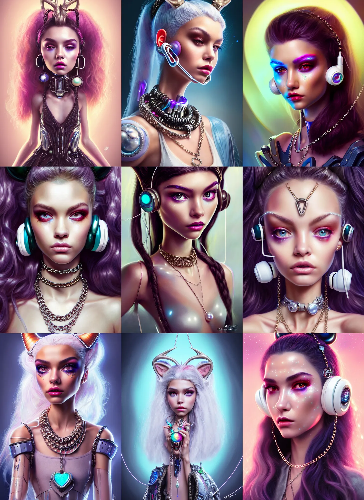 Prompt: disney weta portrait, beautiful gloss porcelain white edm clowncore pearl chain deer madison beer cyborg woman, earbuds, bling, sci - fi, fantasy, cyberpunk, intricate, decadent, highly detailed, digital painting, ever after high, octane render, artstation, concept art, smooth, sharp focus, illustration, art by artgerm, loish, wlop