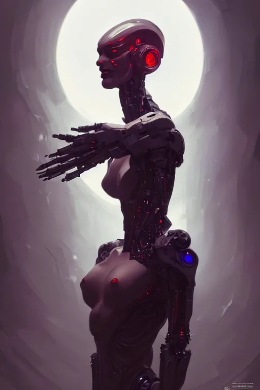 Prompt: professional concept art portrait of a predatory robotic species in a dark room by artgerm and greg rutkowski. an intricate, elegant, highly detailed digital painting, concept art, smooth, sharp focus, illustration, in the style of cam sykes.