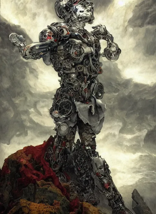 Prompt: portrait of a diabolical marble stone cyborg, wearing torn white cape, dynamic pose, thunder, glowing eyes, post apocalyptic ancient ruins, glowing veins subsurface scattering, in clouds, sunset, portrait, by gerald brom, by mikhail vrubel, by peter elson, muted colors, extreme detail, trending on artstation, 8 k