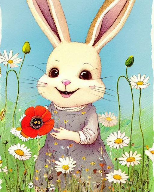 Image similar to a storybook illustration painting of a smiling happy cute bunny wearing a flower crown, daisies and poppies, by antoine de saint - exupery and annabel kidston and naomi okubo and jean - baptiste monge. a child storybook illustration, muted colors, soft colors, low saturation, fine lines, white paper