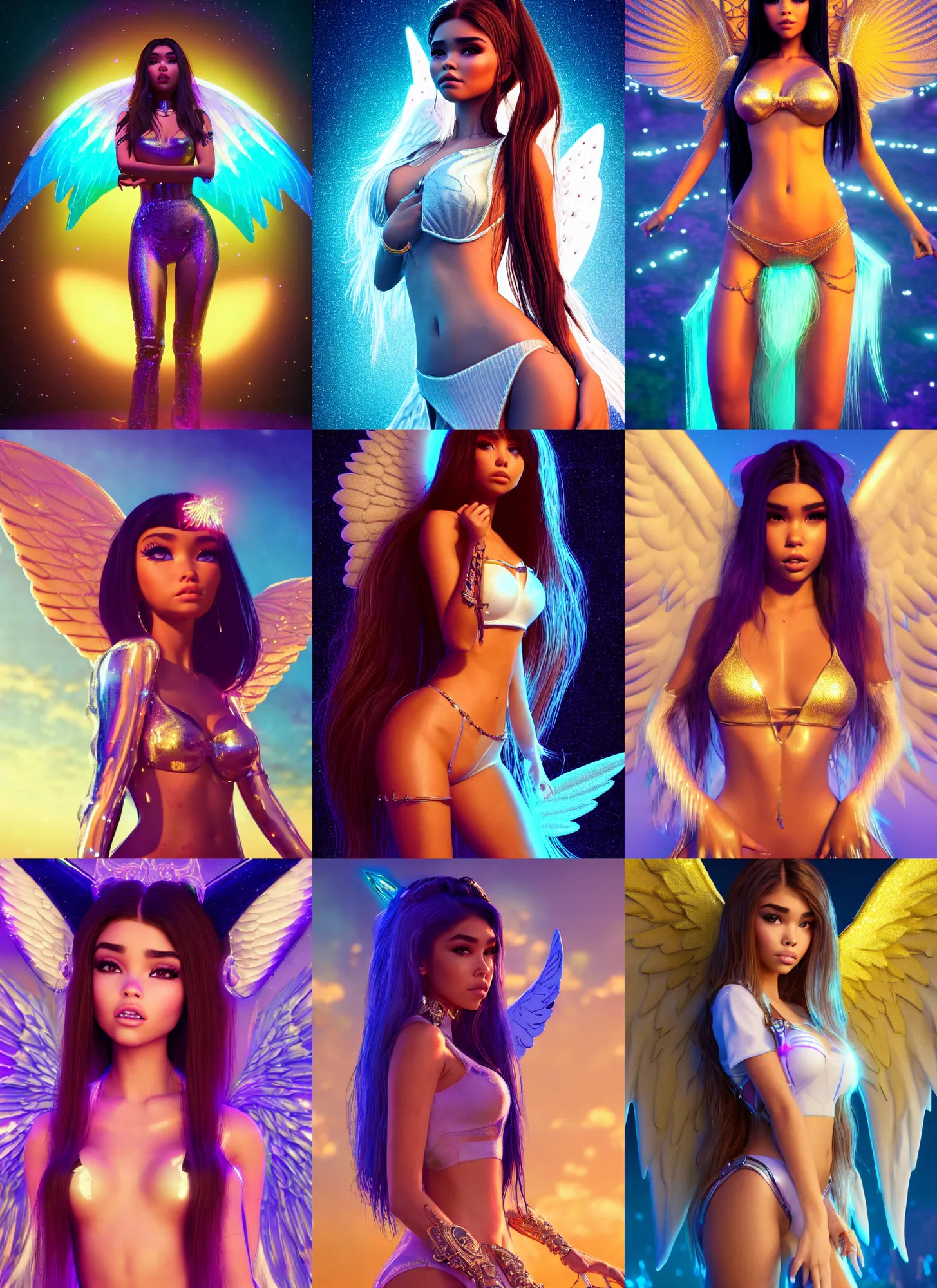 Prompt: madison beer as an edm cowgirl angel | smooth sweaty creamy polished decadent enticing ornate | disney pixar weta movie still portrait photo | hi - fructose, sci fi fantasy, golden ratio proportions, octane render, sharp focus, artstation, anime, | beeple, artgerm, mucha, wlop, loish |