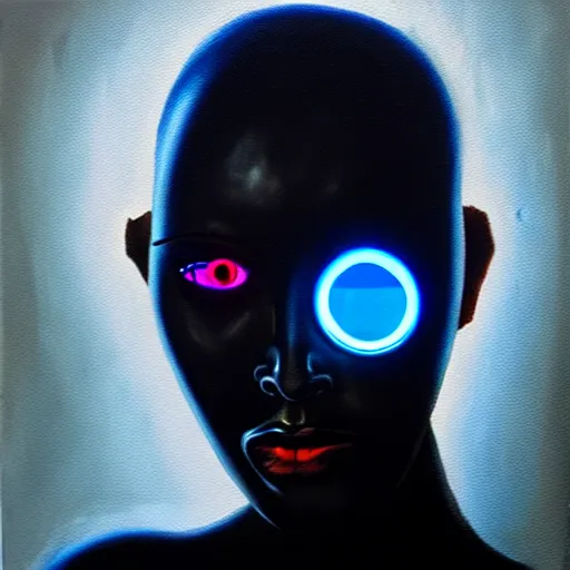 Image similar to hyperrealism oil painting portrait of cyberpunk cyborg fashion model with glowing eyes