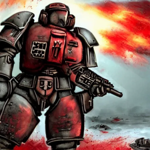 Image similar to heavy armor soldier wearing space marine like armor but in real life, walking in a river of blood full of human bloody dead bodies and human parts, shooting with his gun, explosions in background, painting style