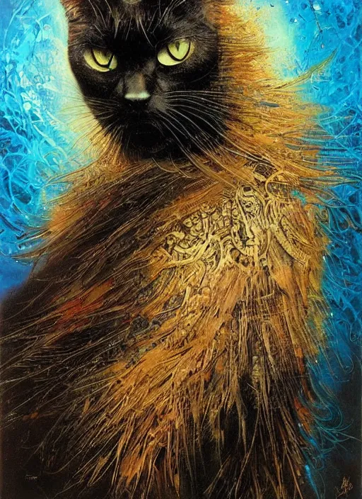 Image similar to a big black cat, no fur, black feathers!!!!!! by karol bak, magnificent, ultra detailed,