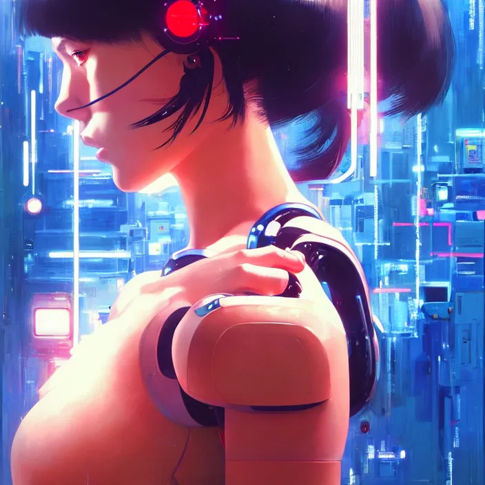 Image similar to side portrait of cyborg girl with robotic parts | | head only in center of image, audrey plaza, fine detail!! anime!! realistic shaded lighting!! poster by ilya kuvshinov katsuhiro otomo ghost - in - the - shell, magali villeneuve, artgerm, jeremy lipkin and michael garmash and rob rey