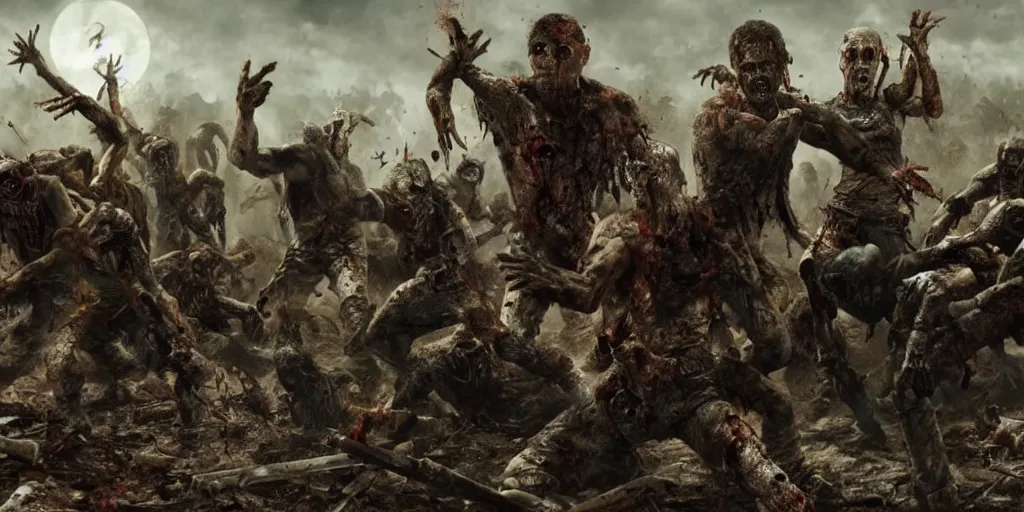 Image similar to epic battle scene of zombies, post-apocalyptic, post-human, Epic Background, highly detailed, sharp focus, 8k, 35mm, cinematic lighting