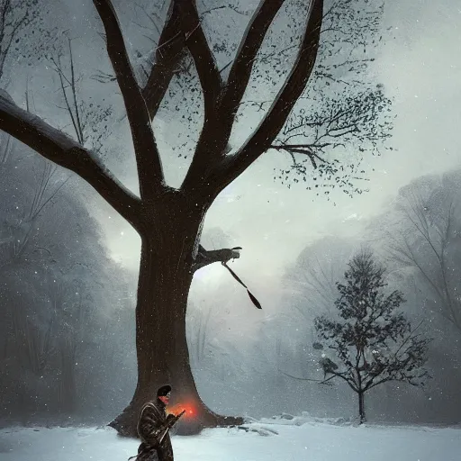 Prompt: a man holding a gun in snow in a couple of trees surrounding the man head view by greg rutkowski