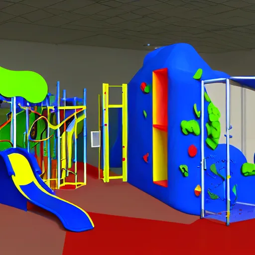 Prompt: an indoor play area with a slide and climbing wall, concept art by bourgeois, dribble, abstract expressionism, polycount, high definition, parallax