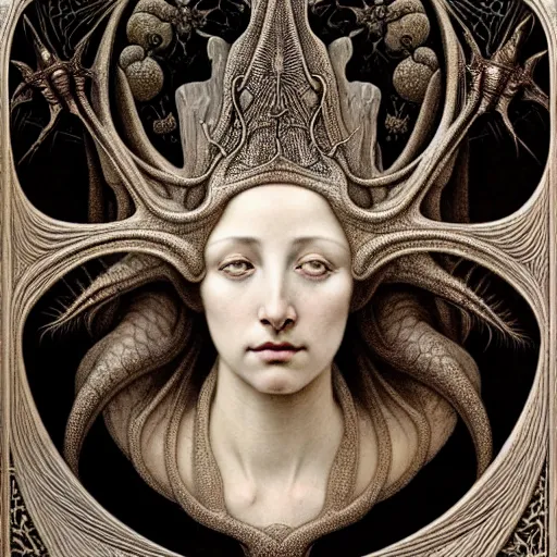 Prompt: beautiful young medieval queen face portrait by jean delville, gustave dore, iris van herpen and marco mazzoni, art forms of nature by ernst haeckel, art nouveau, symbolist, visionary, gothic, neo - gothic, pre - raphaelite, fractal lace, intricate alien botanicals, ai biodiversity, surreality, hyperdetailed ultrasharp octane render