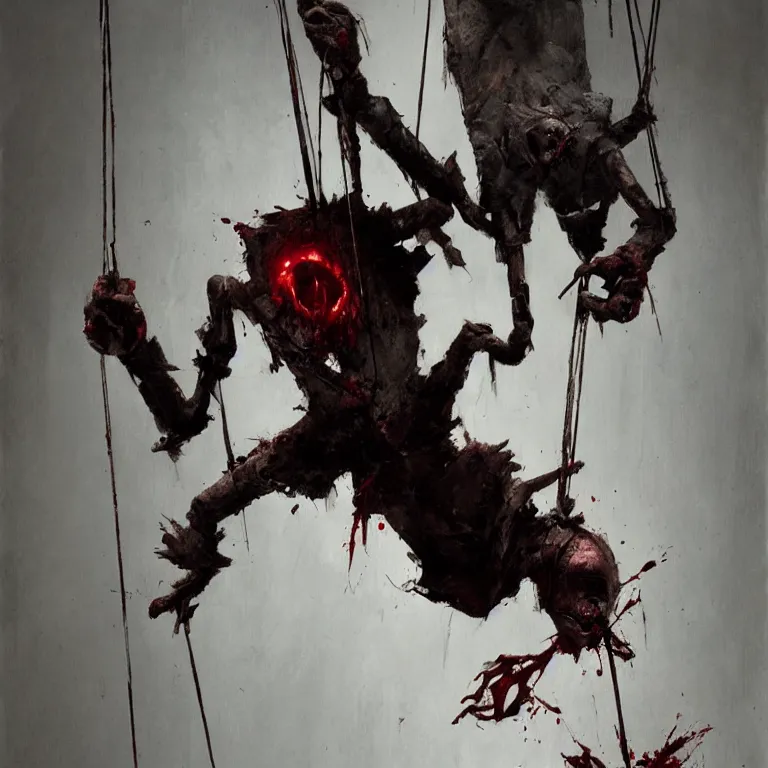 Image similar to a painting of a marionette puppet hanging limp with blood running from his eyes, by greg rutkowski, horror themed, stark light and shadows, grayscale