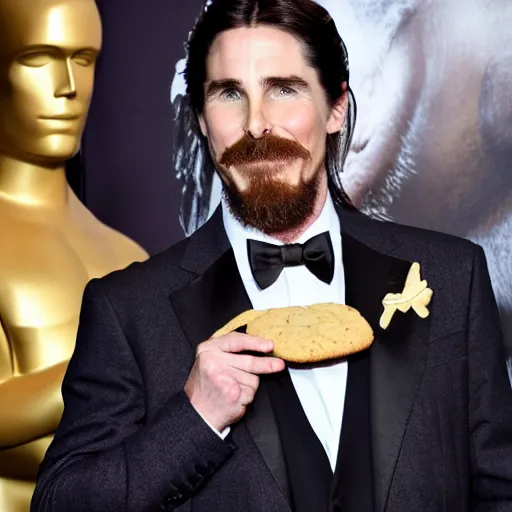 Image similar to Christian Bale wearing a suit whilst holding a cookie, film poster, 4k, award winning