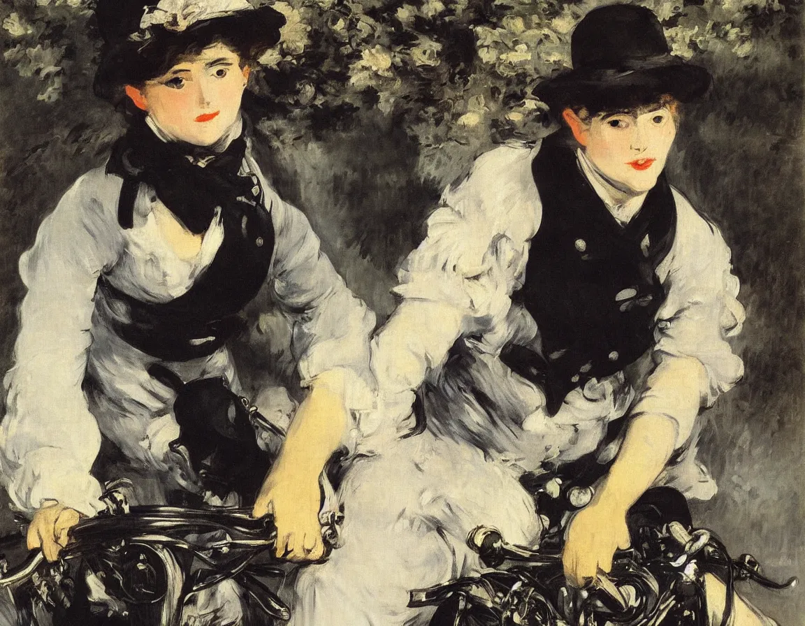 Prompt: edouard manet. a close up portrait of a marie lefebure alone on a motorcycle