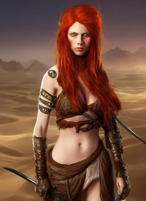 Image similar to Redhead girl which chest wrapped in bandages with katana in desert, fantasy, medieval, vivid colors, fantasy, elegant, concept art, sharp focus, beautiful face, digital art, Hyper-realistic, 4K, Unreal Engine, Highly Detailed, HD, Dramatic Lighting by Brom, trending on Artstation