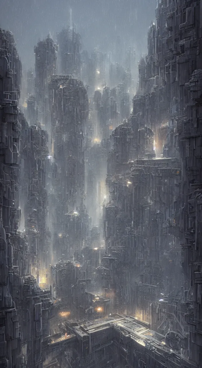 Image similar to highly detailed brutalist architecture city, star wars imperial style, while it's raining, stephen bliss, unreal engine, fantasy art by greg rutkowski, loish, rhads, ferdinand knab, makoto shinkai, ilya kuvshinov, rossdraws, global illumination, radiant light, detailed and intricate environment