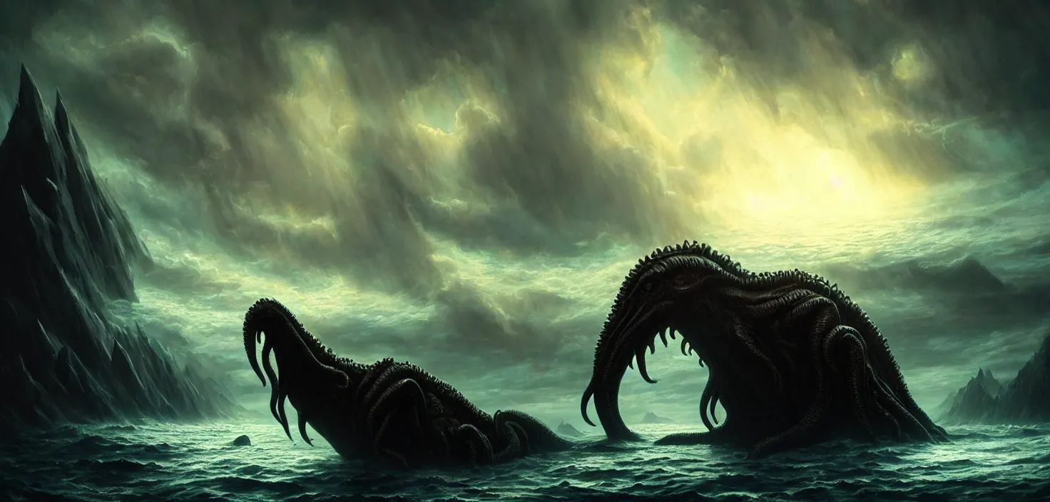 Prompt: dark fantasy scene showing cthulhu the giant sea monster destroying ships, cinematic view, epic sky, detailed, concept art, low angle, high detail, warm lighting, volumetric, godrays, vivid, beautiful, trending on artstation, by jordan grimmer, huge scene, grass, art greg rutkowski