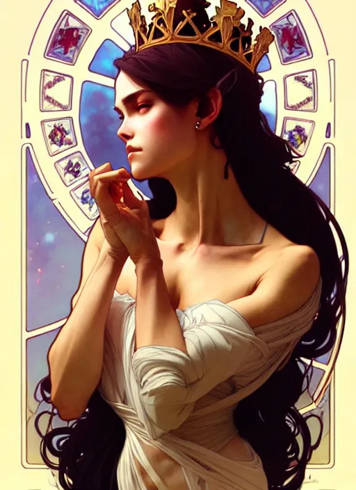 Image similar to queen, dainty wilder face, incredibly detailed face, pretty face, light dress, true anatomy, art by artgerm and greg rutkowski and alphonse mucha