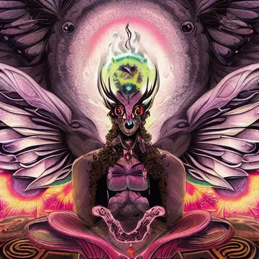 Image similar to A centered chest up portrait of a psychedelic godlike mothman with giant mandala wings smoking a hand-rolled cigarette smoking heavily , magic mushroom village in background , award winning. superb resolution. in the art style of junji Ito and greg rutkowski . Detailed Mushroom city in background. Hyper realistic anime. Perfect art. Dalle2