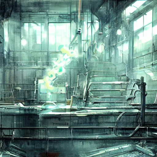 Prompt: busted steam! pipe! in a scifi laboratory, hazardous environment, dangerous atmopshere, concept art, digital art, movie still