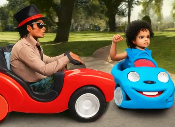 Prompt: michael jackson driving a little tikes cozy coupe, movie still, from the new jumanji movie, 8 k, realistic