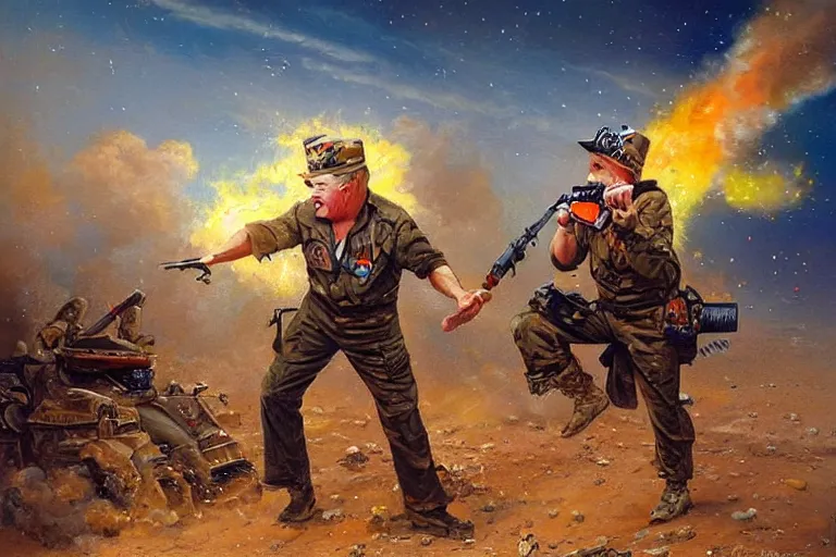 Prompt: portrait of rip taylor throwing confetti during desert storm war, an oil painting by ross tran and thomas kincade