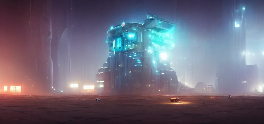 Image similar to view from the desert ground night galaxy of futuristic mechanical blade runner cubes cyberpunk architecture, light rays, symmetry, cinematic lighting, ultra detailed, sharp, ambient occlusion, bloom, raytracing, by greg rutowski, paul chadeisson and jessica rossier