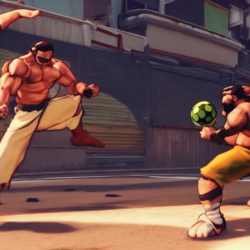 Image similar to a bearded man with short hair, brown eyes, using soccer balls as weapons in street fighter 5, game,