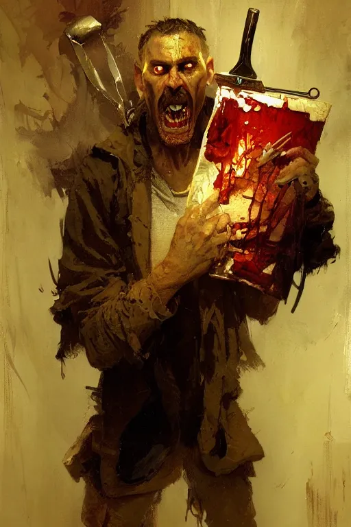 Prompt: crazy half demon middle aged man in a butchers apron holding a scalpel portrait dnd, painting by gaston bussiere, craig mullins, greg rutkowski, yoji shinkawa