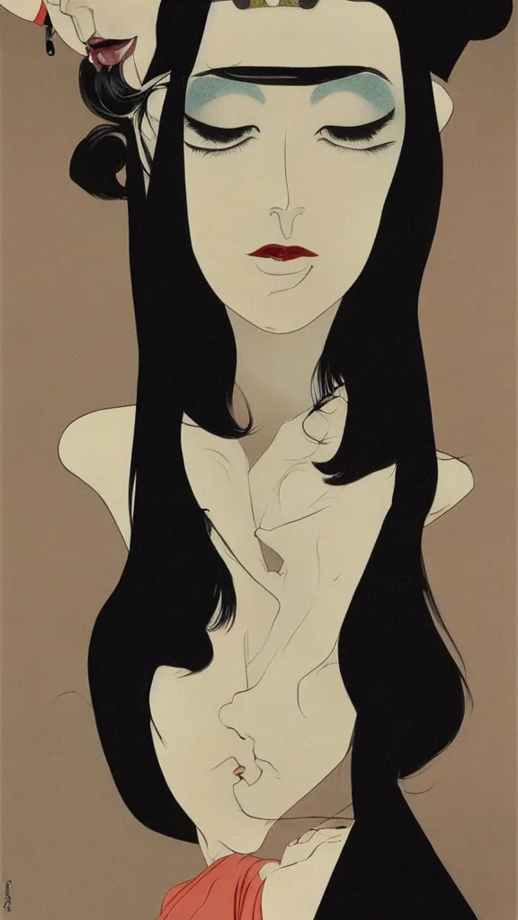 Image similar to a tall and beautiful pale woman with very black hair with a crown on her head walk in the streets of new york circa 1 9 8 4 edward hopper and james gilleard, surreal, open ceiling, highly detailed, airbrush, ilya kuvshinov, wlop, stanley artgerm, very coherent, art by takato yamamoto and james jean