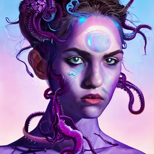 Image similar to art portrait of a furious girl with think, hair-like purple tentacles on her head and bright purple eyes, 8k,by tristan eaton, Stanley Artgermm,Tom Bagshaw,Greg Rutkowski,Carne Griffiths,trending on DeviantArt, face enhance,hyper detailed ,full of colour,