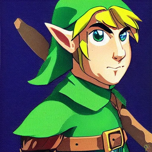 Image similar to “portrait of grown up Link from The Legend of Zelda a Link to The Past. Art by Morman Rockwell (1965)”