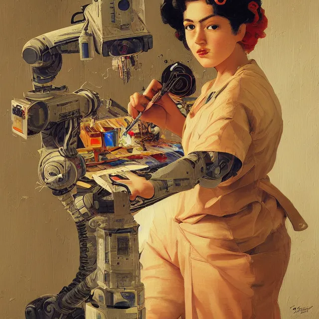Prompt: robot artist painting a self - portrait on a canvas. intricate, highly detailed, digital matte painting, in the style of alexandros pyromallis, and in the style of sachin teng, and in the style of hans thoma, ( and in the style of gil elvgren ). irony, recursion, inspiration.