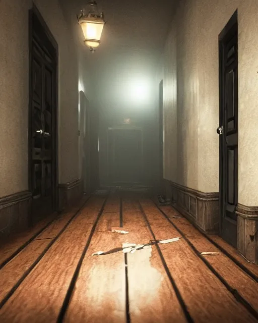 Prompt: Kirby in Resident Evil 7, American gothic interior, wooden floor, atmospheric, nighttime scene, photorealistic narrow hallway with broken windows, horror