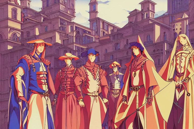 Image similar to cel shaded study of a group of mages in a late renaissance city, key visual with intricate linework, in the style of moebius, ayami kojima, 9 0's anime, retro fantasy