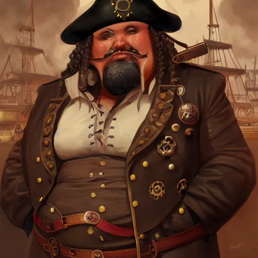 Image similar to steampunk fat pirate chef, highly detailed, digital painting, artstation, concept art, smooth, sharp focus, illustration, ArtStation, art by artgerm and greg rutkowski and Hikari Shimoda and Edmund Blair Leighton and Charlie Bowater