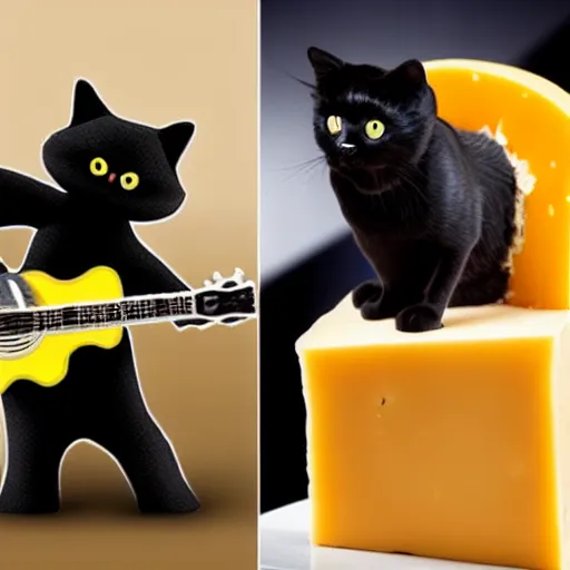 Image similar to A Hyperealistic black Cat with a body made out of cheese playing guitar.