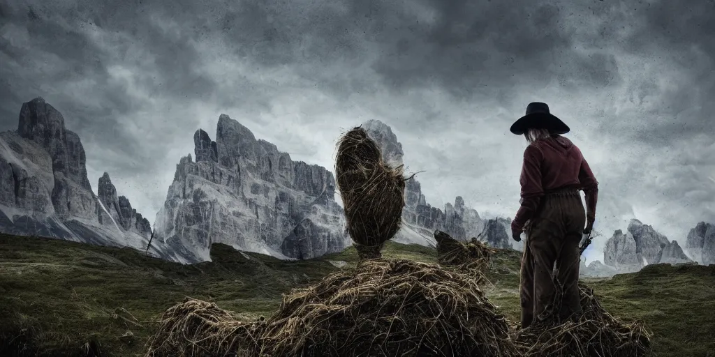 Image similar to alpine farmer transforming into a monster ,roots and hay coat, dolomites in background, dark, eerie, despair, portrait photography, artstation, digital art, concept art, artstation, highly detailed, sharp focus, by caravaggio