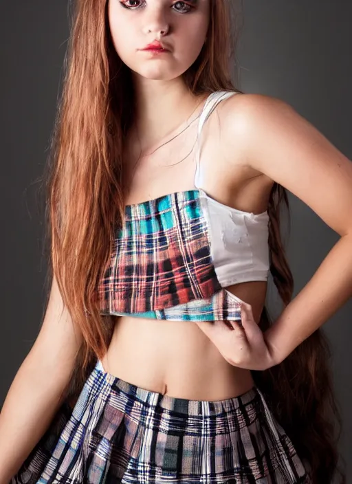 Image similar to gorgeous teen girl in plaid mini skirt and crop top tank top, beautiful face, intricate, extremely detailed, modeling photography, 8 0 mm camera, dramatic lighting, dark room, body and face