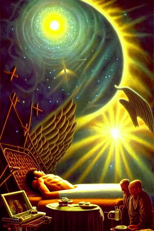 Prompt: a photorealistic detailed cinematic image of a man on his deathbed, assisted to the afterlife by angels, endearing, loving, warm. met by friends and family, overjoyed, emotional, compelling, by pinterest, david a. hardy, kinkade, lisa frank, wpa, public works mural, socialist