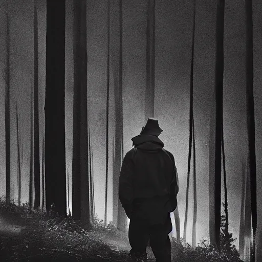 Prompt: a film still of woodsman from twin peaks, black and white, cinematic lighting, high resolution, 4 k