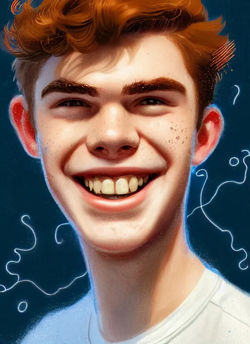 Image similar to portrait of teenage archie andrews, freckles, curly middle part haircut, curly hair, smiling kindly, friendly, 1 9 5 0 s, intricate, elegant, glowing lights, highly detailed, digital painting, artstation, concept art, smooth, sharp focus, illustration, art by wlop, mars ravelo and greg rutkowski